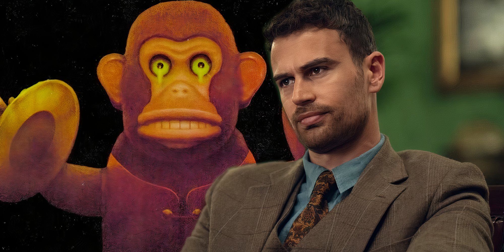 Stephen King's The Monkey clashing its cymbals next to Theo James sitting on a couch in a suit in The Gentlemen