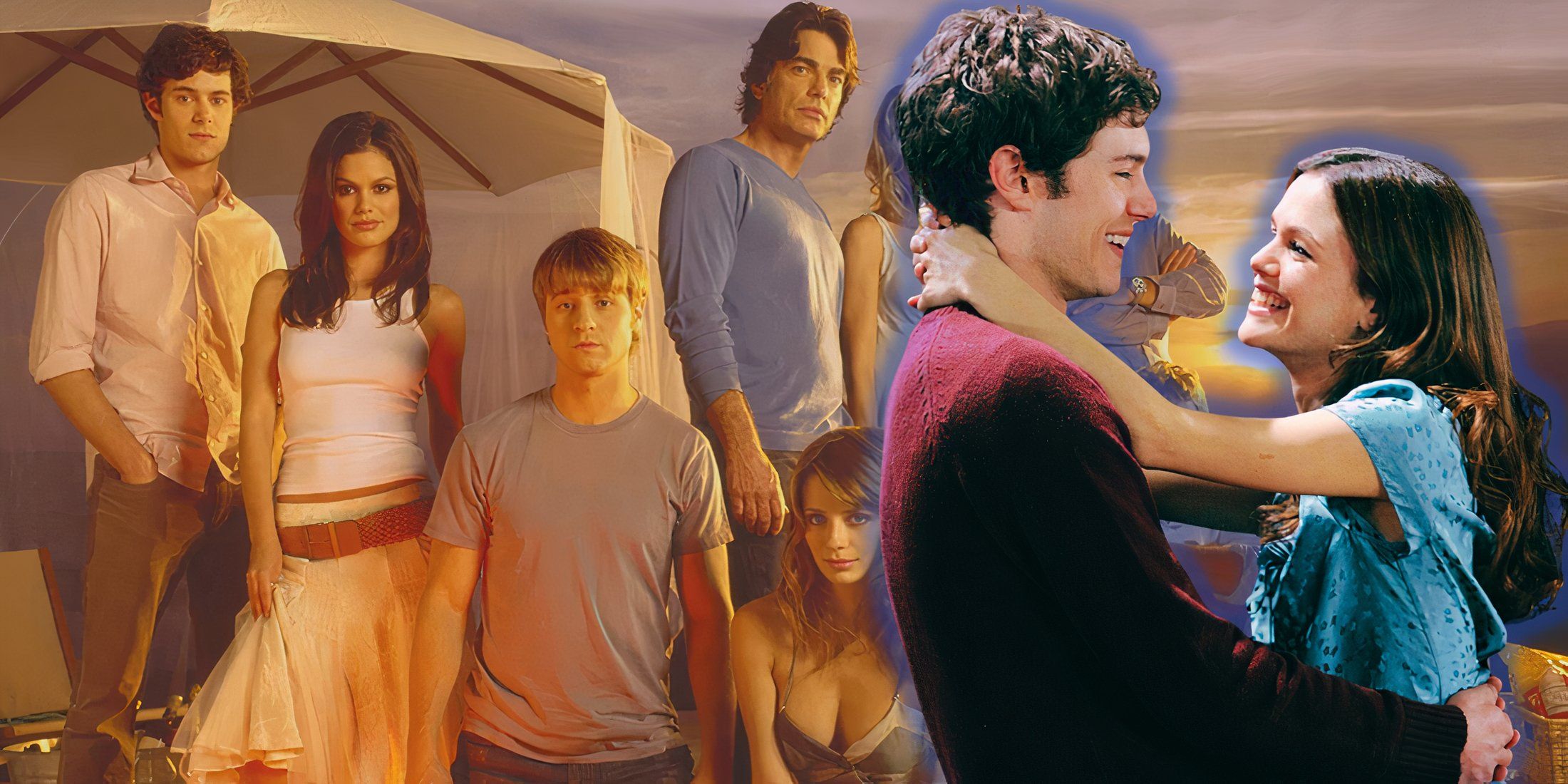 A composite image features a promotional picture of The OC cast behind Seth and Summer laughing with their arms around each other