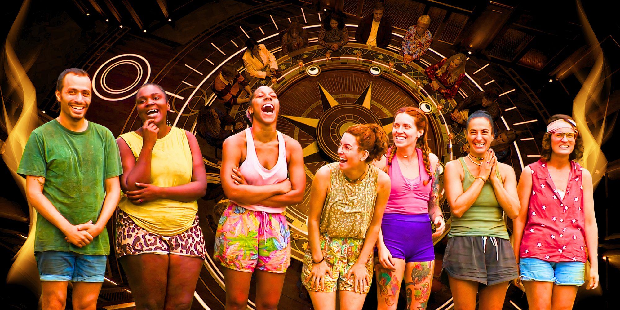 Seven Survivor 46 players are lined up and laughing, in front of a Traitors roundtable.
