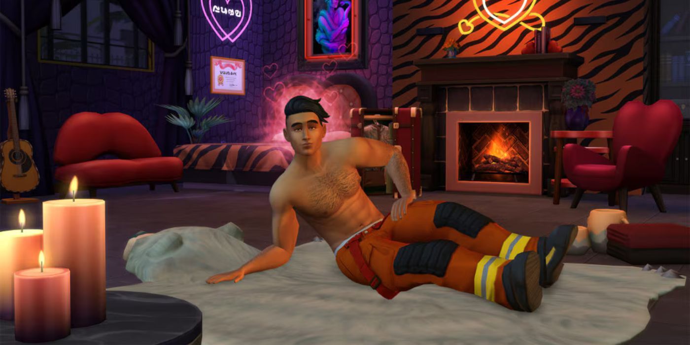 A shirtless Sim lying on a bear fur rug in front of a fire place