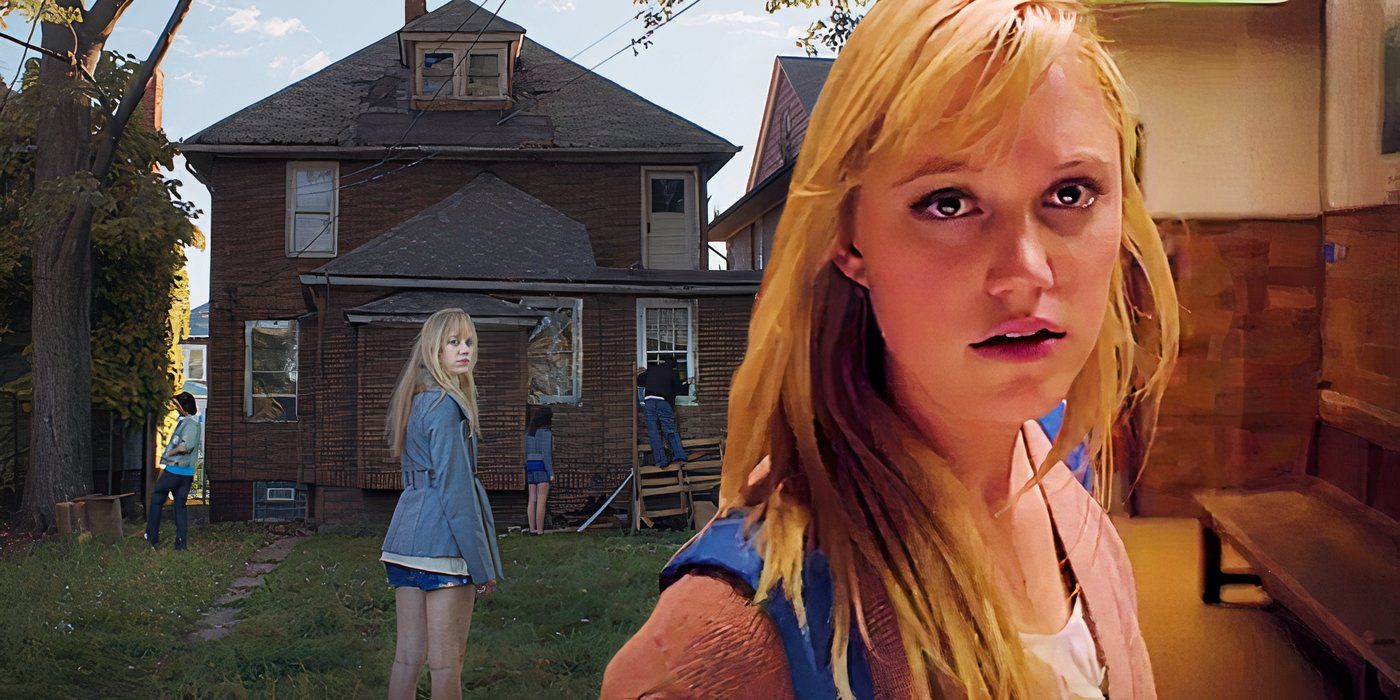 A composite image of Jay looking shocked in a hallway with Jay looking over her shoulder while standing in front of a house in It Follows