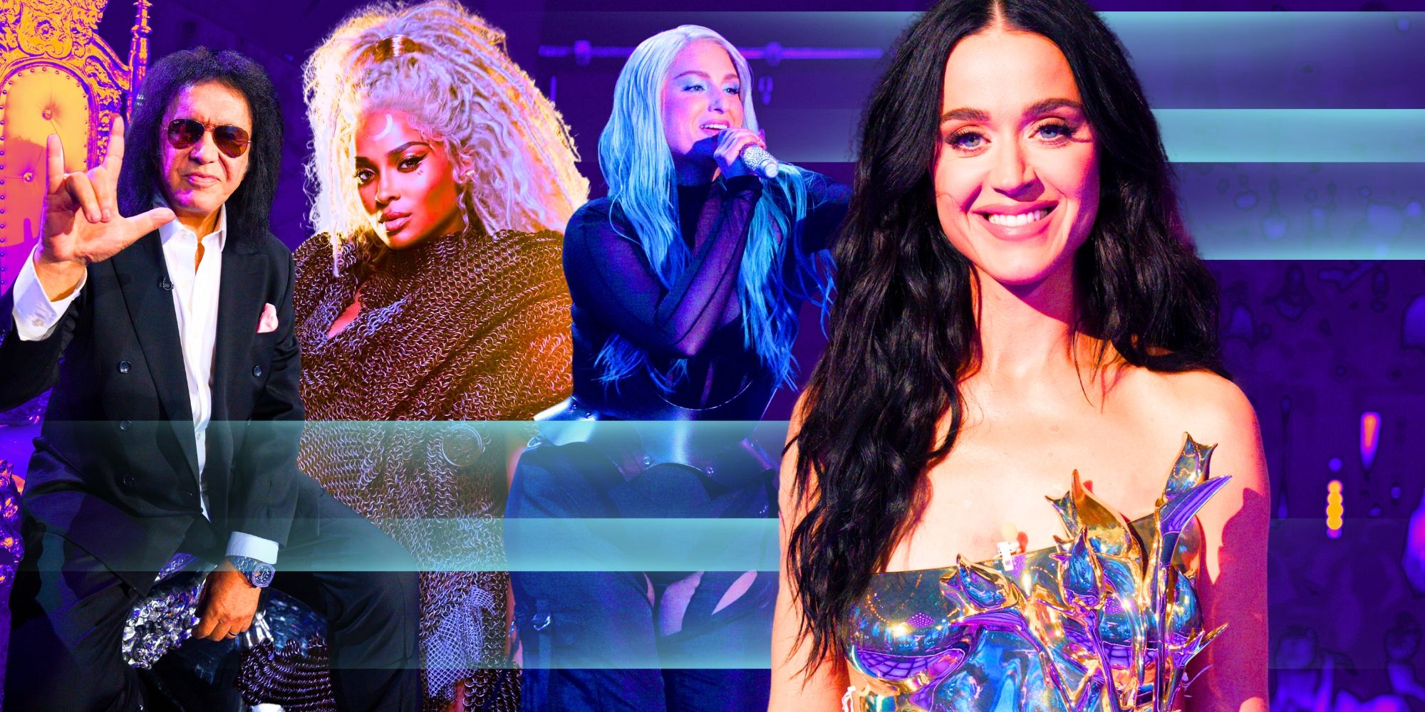 American Idol&rsquo;s Katy Perry smiles next to mentors Gene Simmons, Ciara and Meghan Trainor.