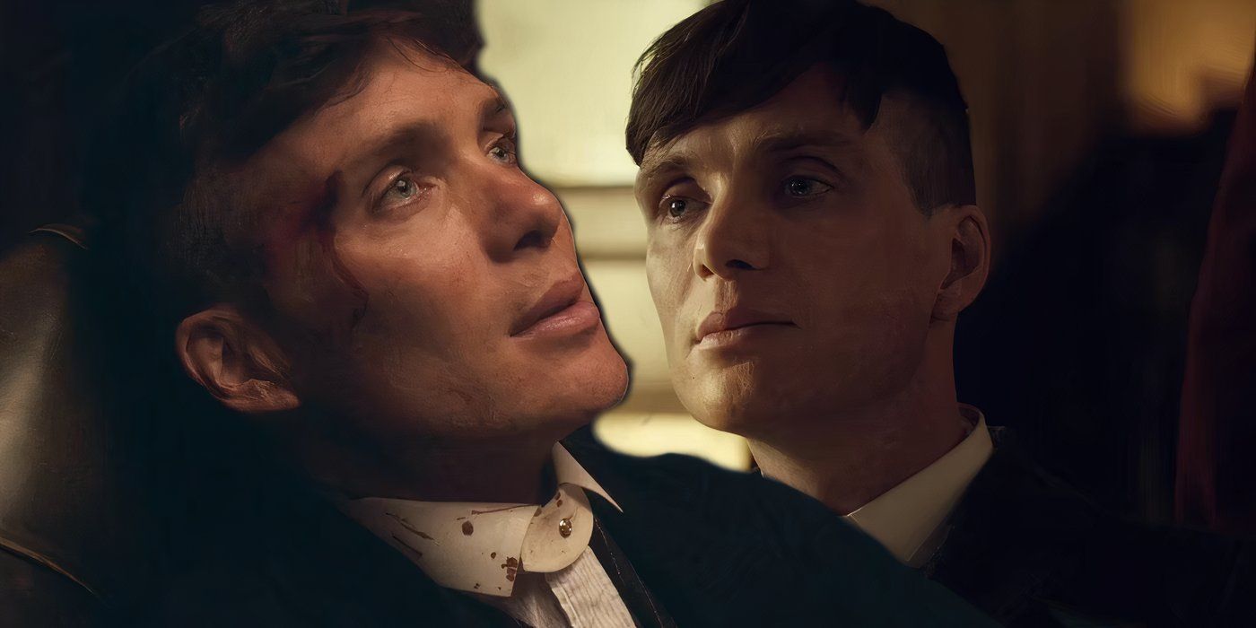 Cillian Murphy as Tommy Shelby leaning back next to Tommy Shelby looking serious and tired in Peaky Blinders