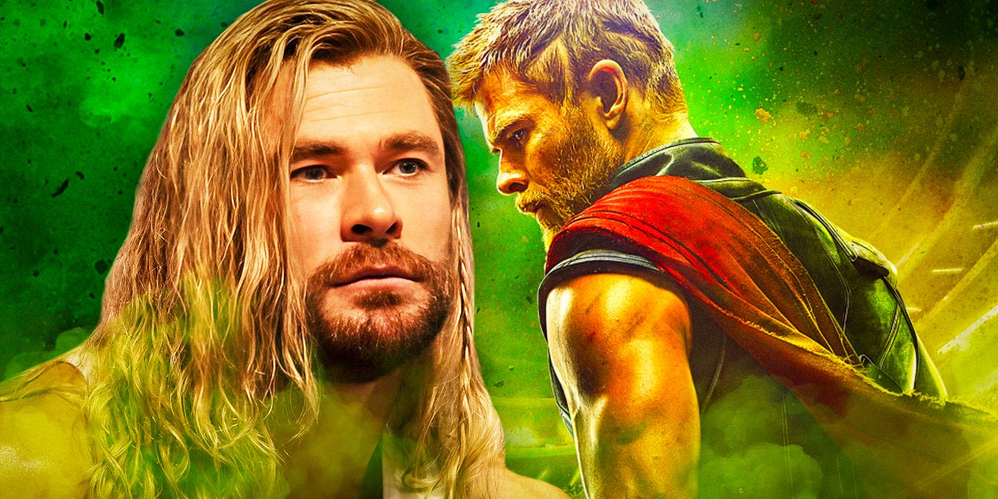Thor, played by Chris Hemsworth, as he appears in Love and Thunder (foreground) and Ragnarok (background)
