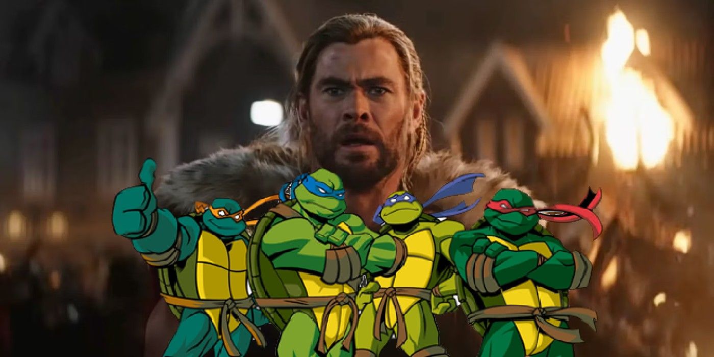 Teenage Mutant Ninja Turtles (foreground) with a surprised looking MCU Thor in the background.