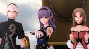 Three characters from Fantasian NEO Dimension stand in a row in various states of excitement the white-haired Leo, a woman with purple hair, and one with brown hair.