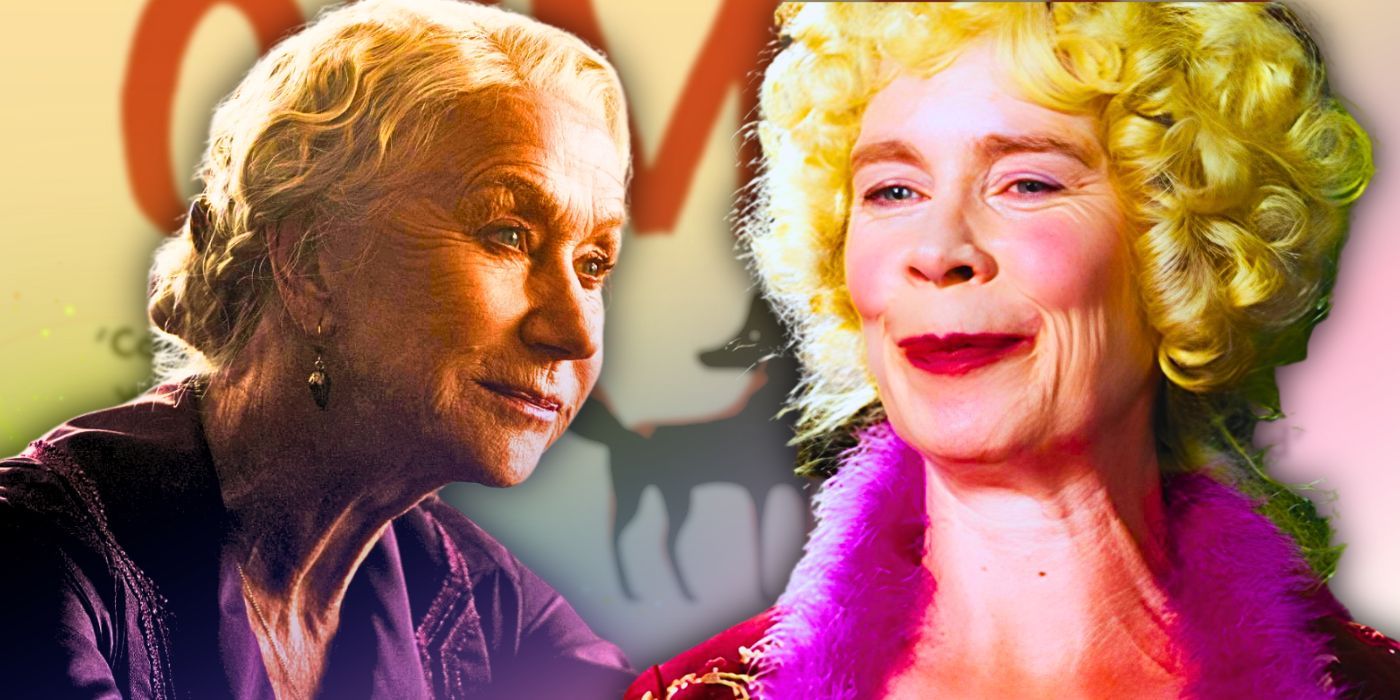 A SR original image that shows a side-by-side of Celia Imrie (right) and Helen Mirren (left), starring in The Thursday Murder Club 