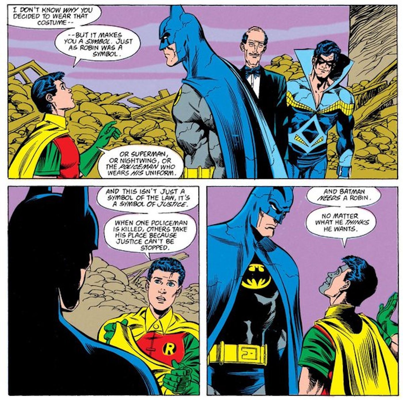 Painéis de histórias em quadrinhos: Tim Drake como Robin conversa com Batman enquanto Asa Noturna e Alfred assistem.