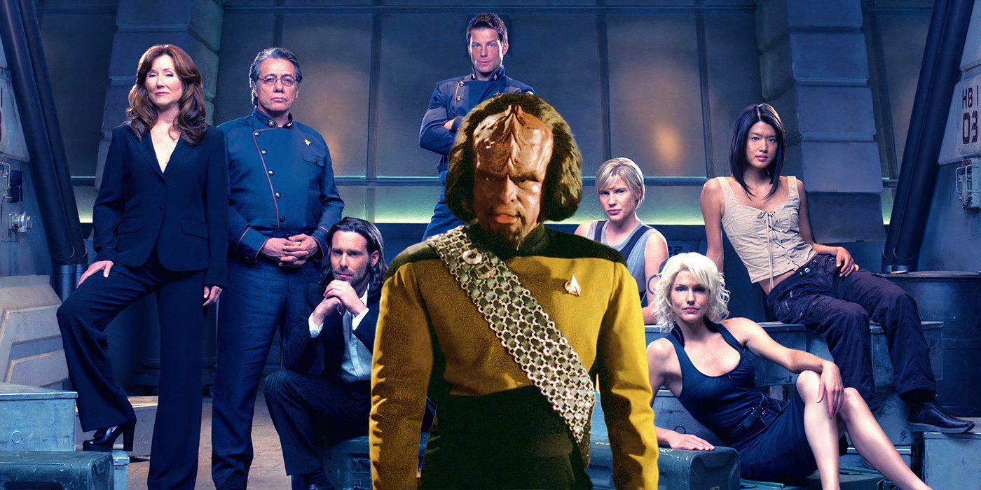 Star Trek: The Next Generation's Worf in front of the cast of Battlestar Galactica