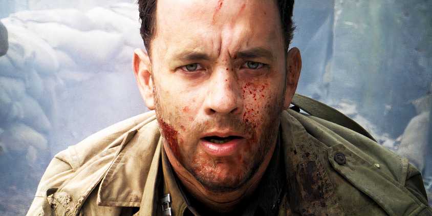 Tom Hanks with blood on his face in Saving Private Ryan