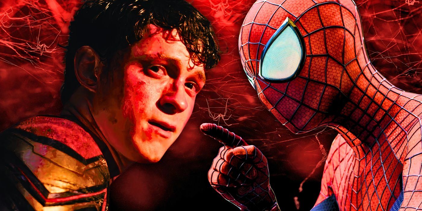 Custom image of spider-man looking beaten up in Spider-Man no way home and Spider-man pointing in costume from the Amazing Spider-man franchise