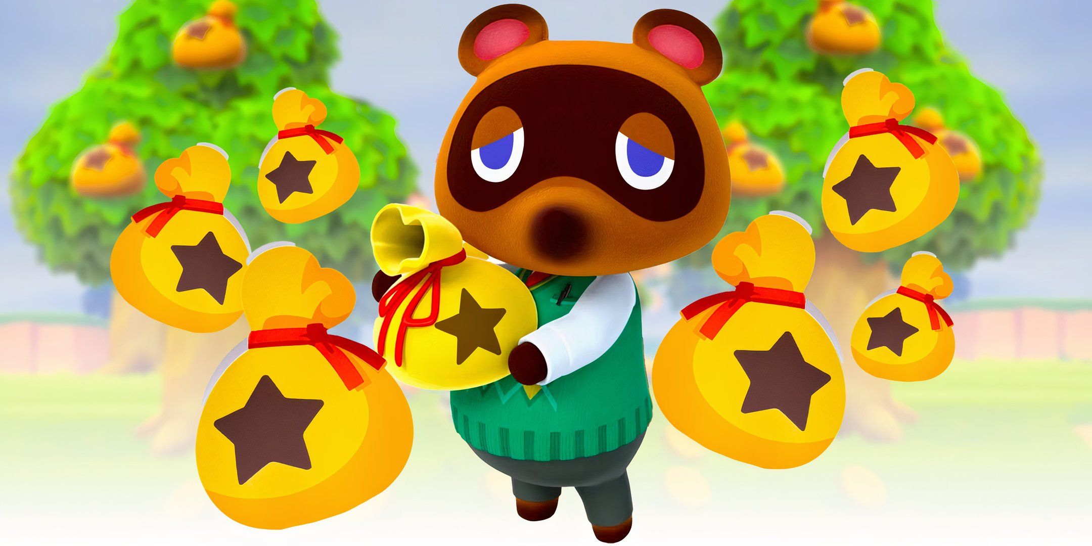 Tom Nook from Animal Crossing with a bunch of bells