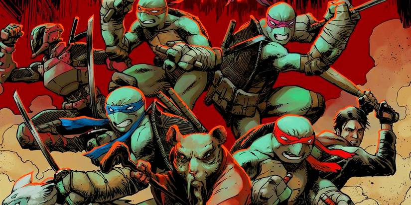 Comic book art: the Teenage Mutant Ninja Turtle pose together, ready for battle.