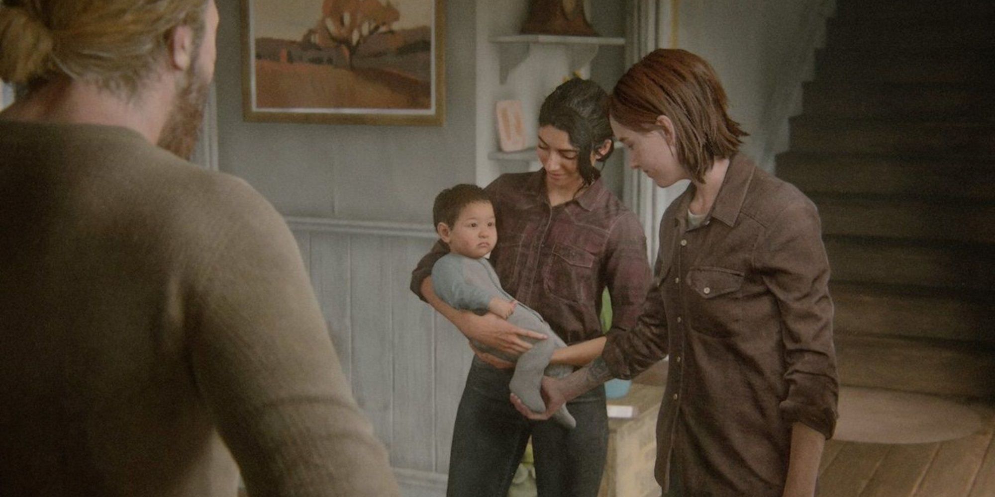 Tommy melihat Ellie dan Dina memegang JJ di The Last of Us Part II