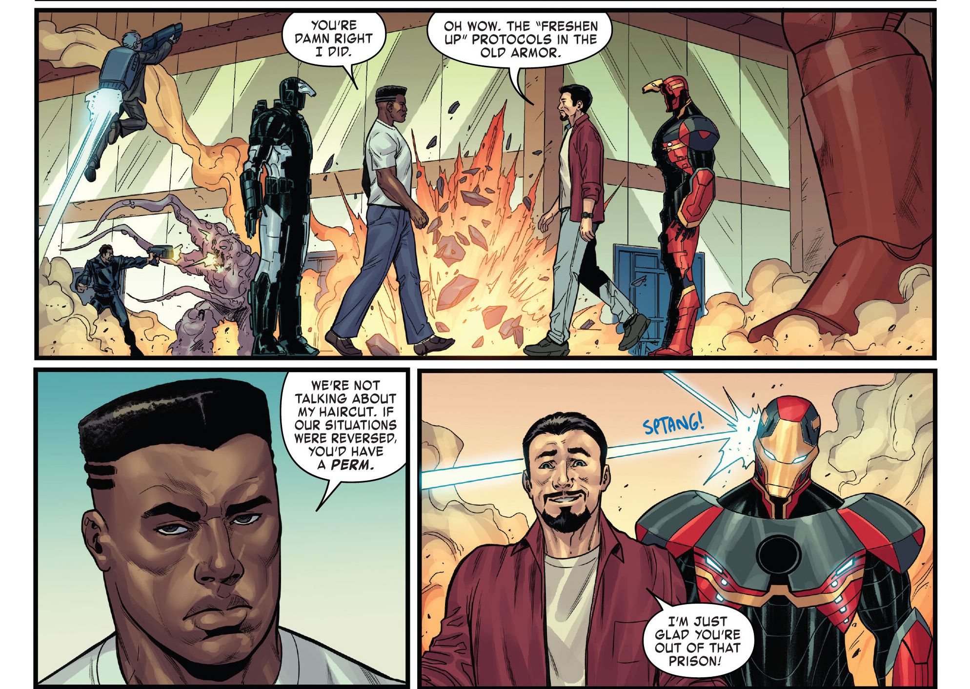 Rhodey e Tony se encontram pela primeira vez desde que Rhodey está na prisão. Homem de Ferro provoca War Machine sobre seu novo corte de cabelo dos anos 90.