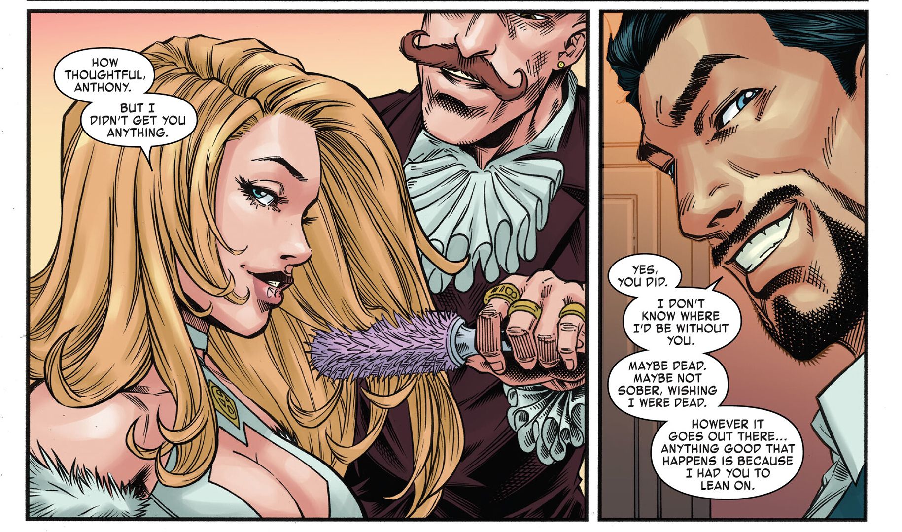 Invincible Iron Man #15, Tony Stark tells Emma Frost she's given him support & he doesn't know where he'd be without her.