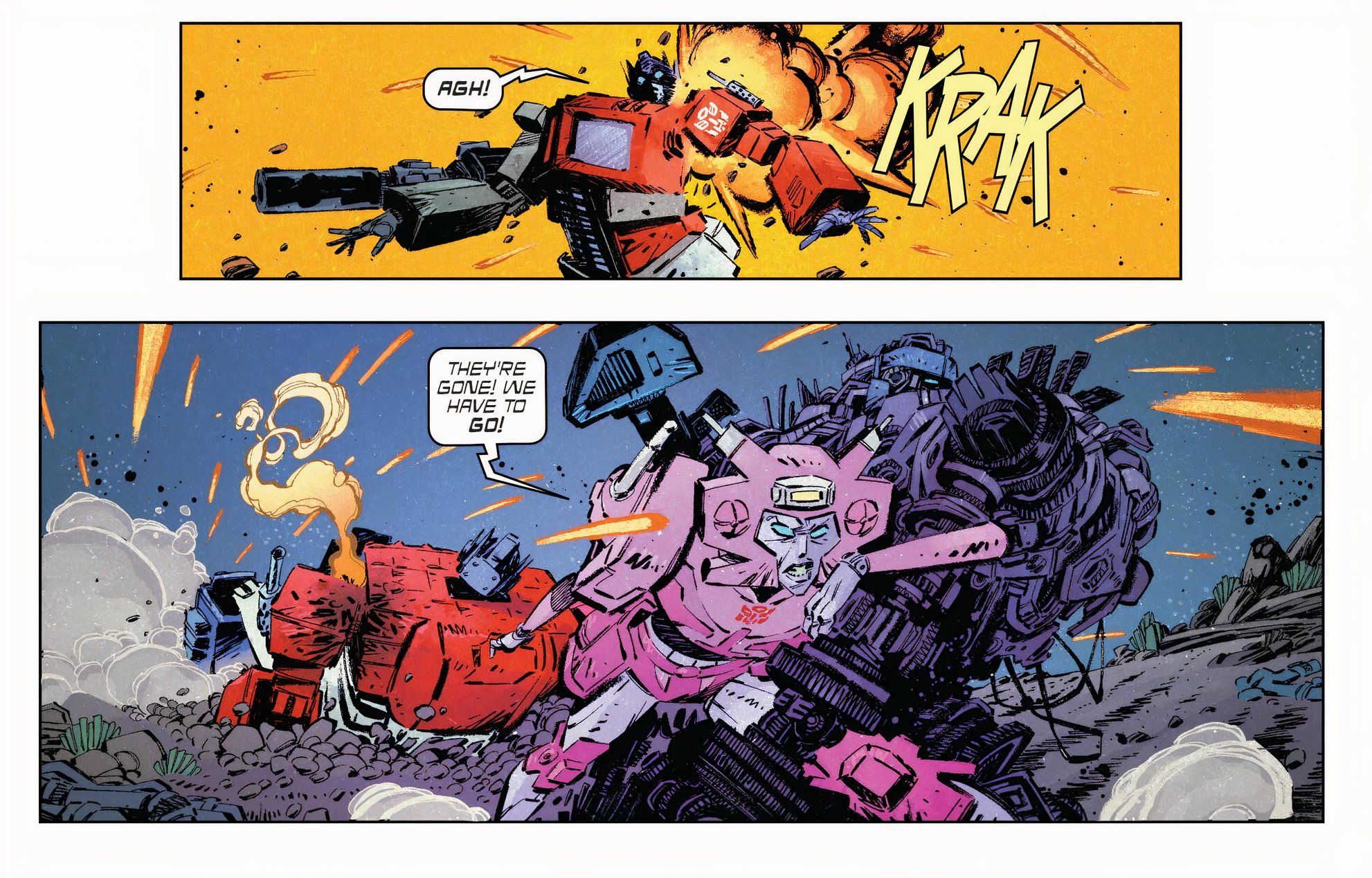 Transformers #9 Elita-1 leads Optimus Prime away from danger.