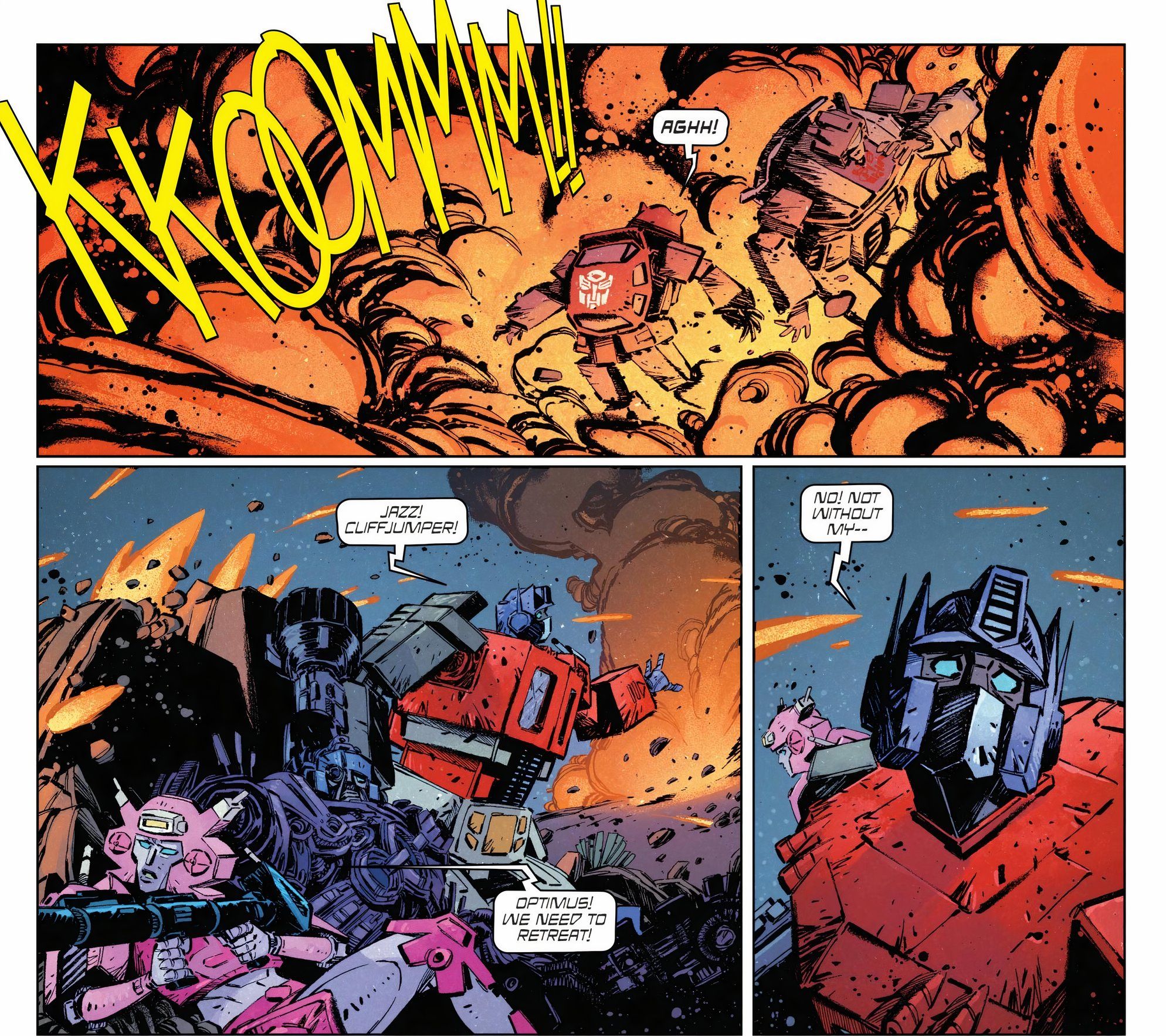Transformers #9 Optimus Prime watches as Jazz and Cliffjumper fall.