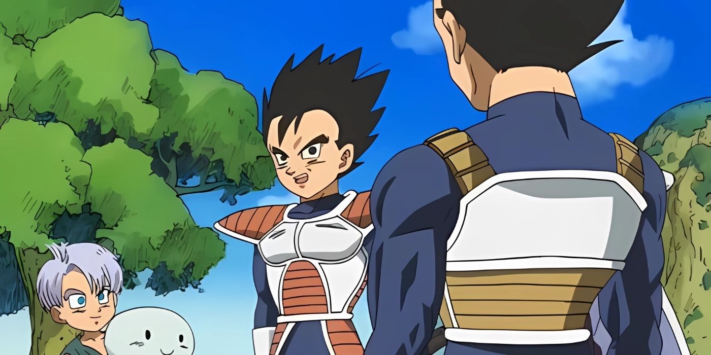 Trunks and Gure, Tarble&rsquo;s wife, watch as Vegeta speaks with his younger brother.