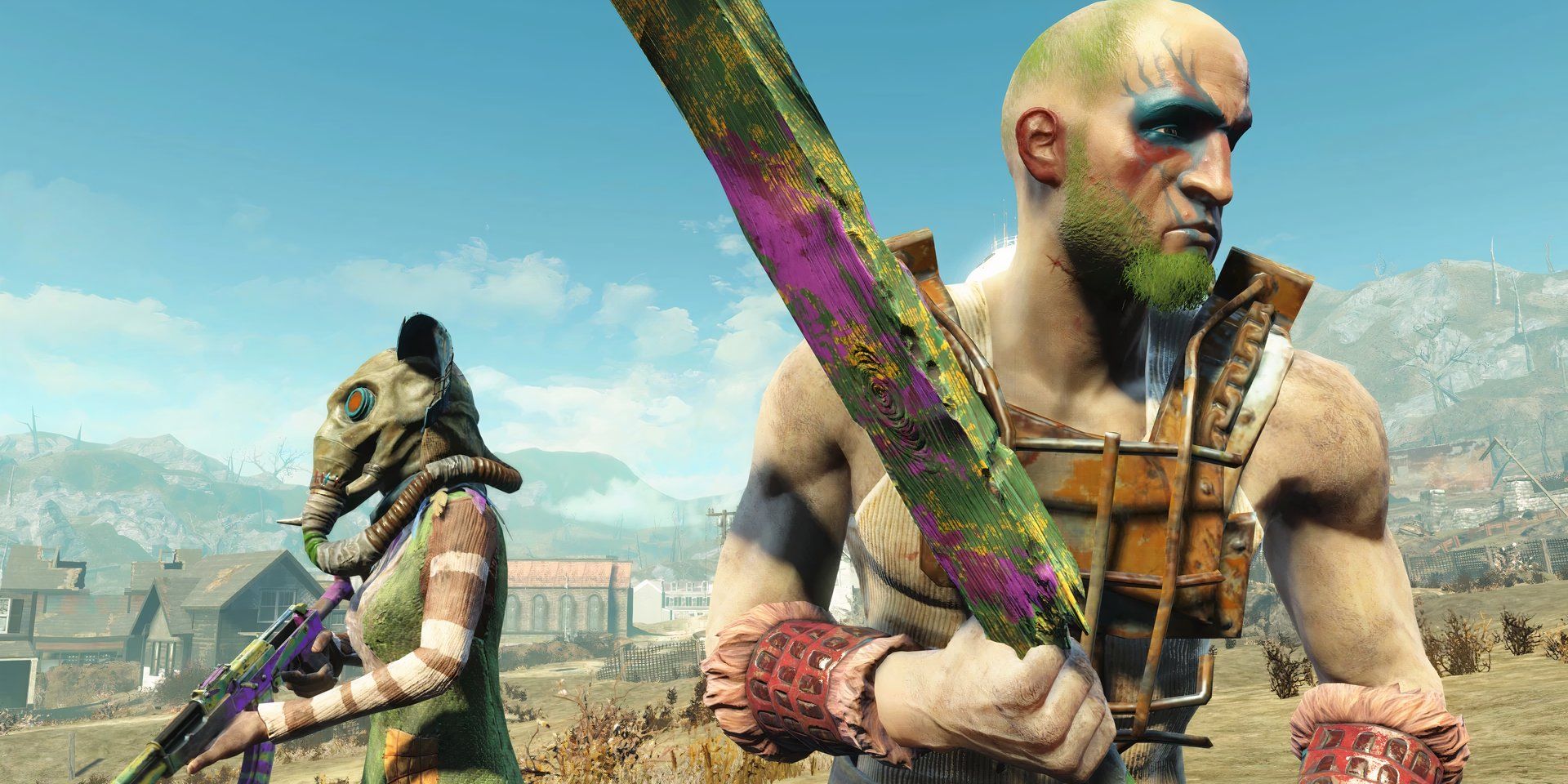 Two Pack gang members wearing colorful face paint and clothes with their weapons ready in Fallout 4 DLC Nuka-World