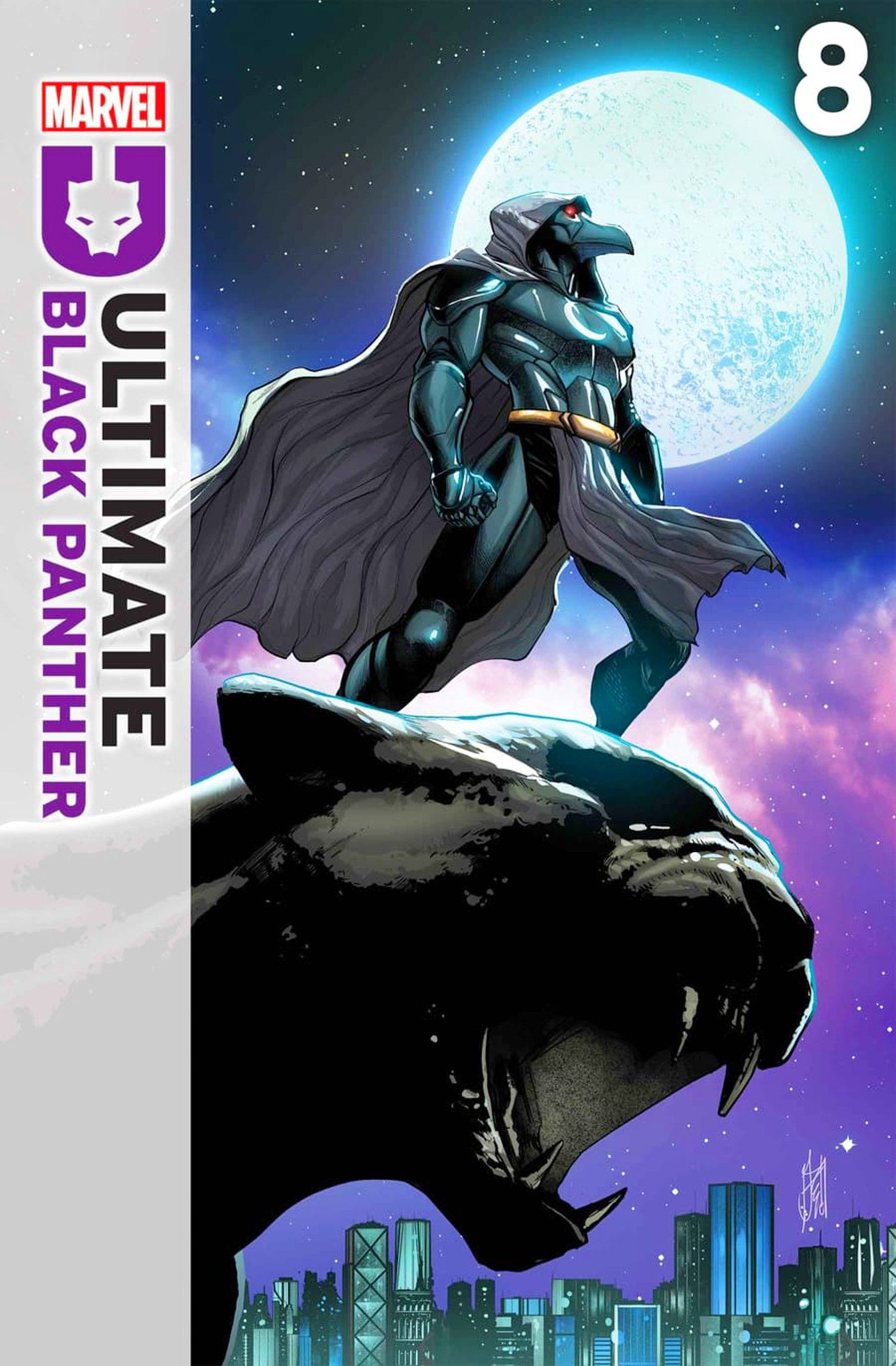 Capa em quadrinhos da Pantera Negra 8 mostrando o Cavaleiro da Lua se preparando para atacar Wakanda