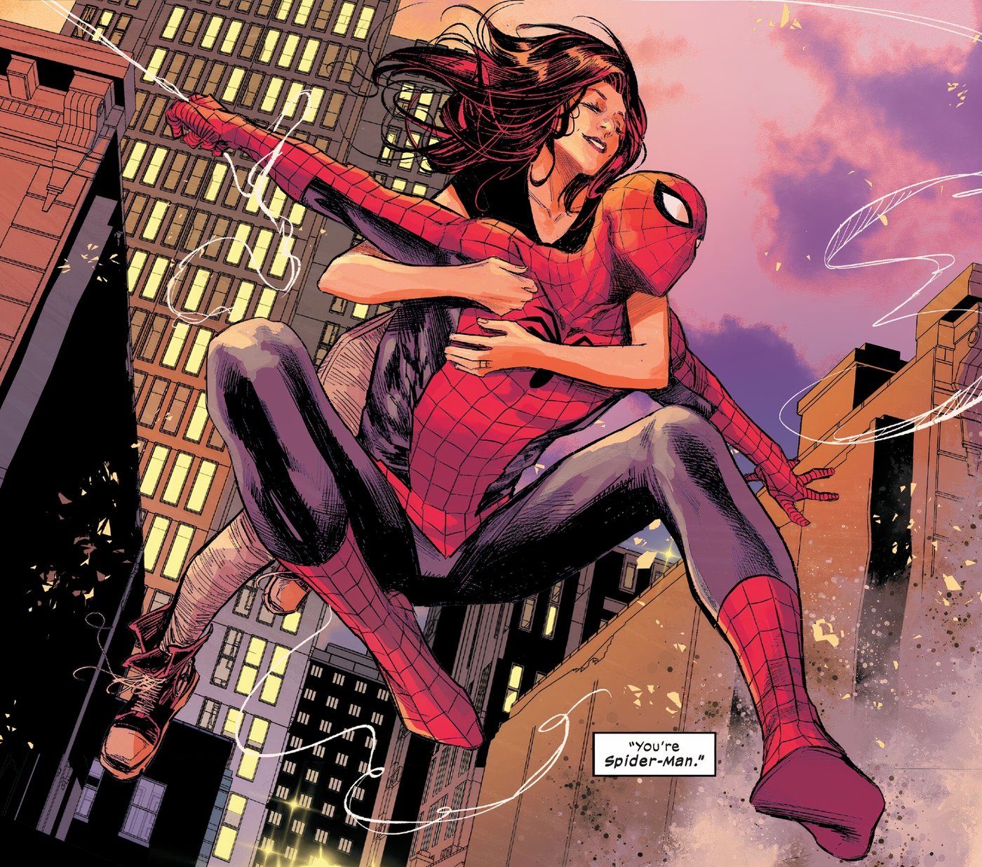 Arte em quadrinhos: Ultimate Spider-Man balançando fantasiado com sua esposa Mary Jane agarrada em suas costas.