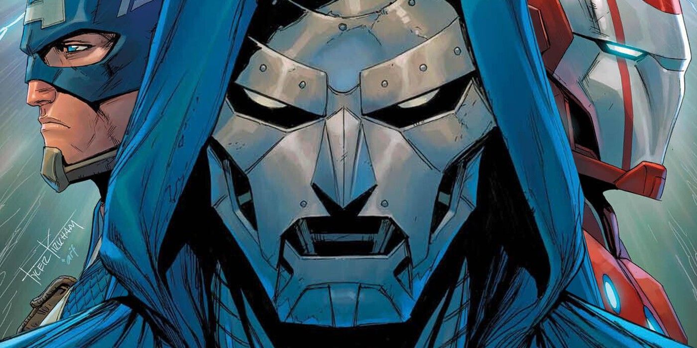 Ultimate Universe Doom Reed Richards com Capitão América e Homem de Ferro
