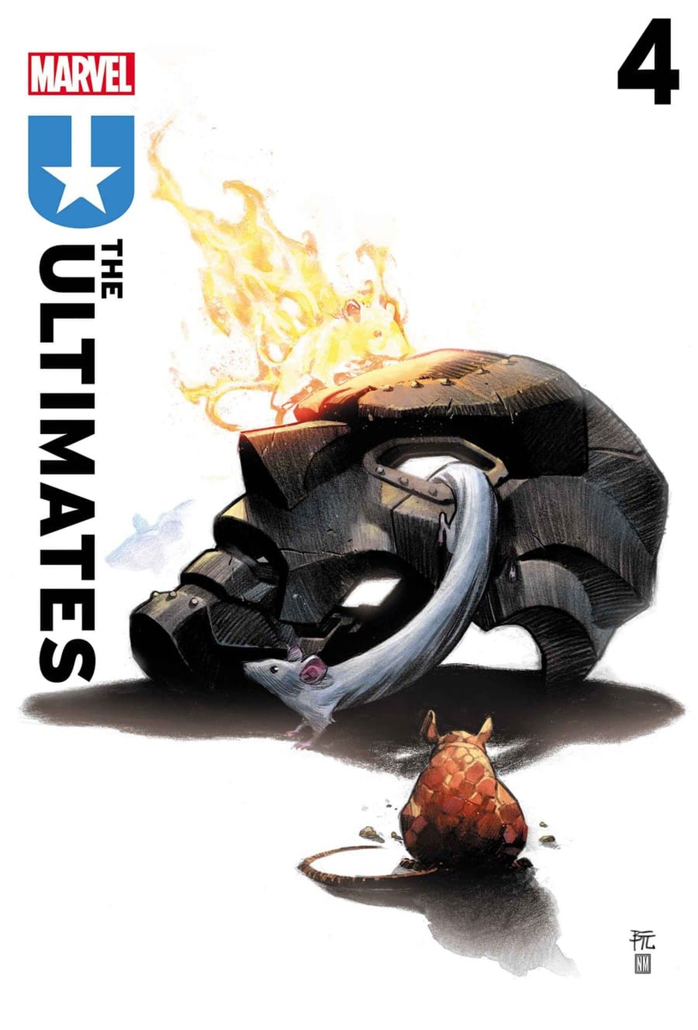 Capa do Ultimates 4 com quatro ratos fantásticos explorando a máscara do Doutor Destino