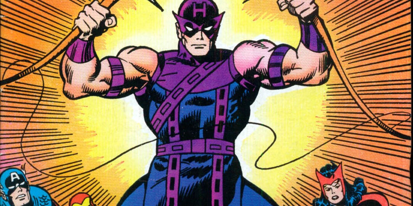 Hawkeye from the prime Marvel Comics reality of Earth-616 standing up and holding his bow