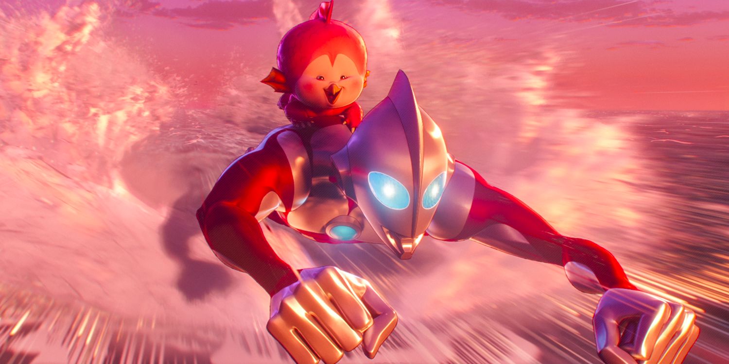 Ultraman with Baby Kaiju on his back flying over the ocean in Ultraman: Rising