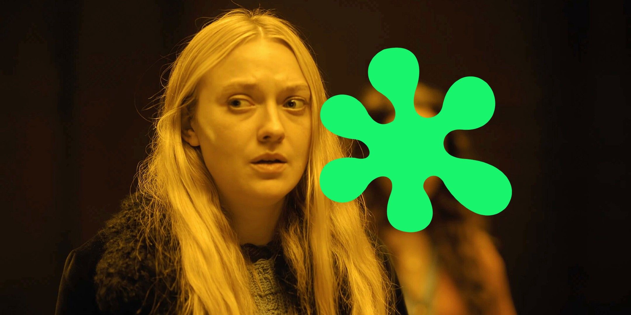 Dakota Fanning in The Watchers next to a Rotten Tomatoes splat