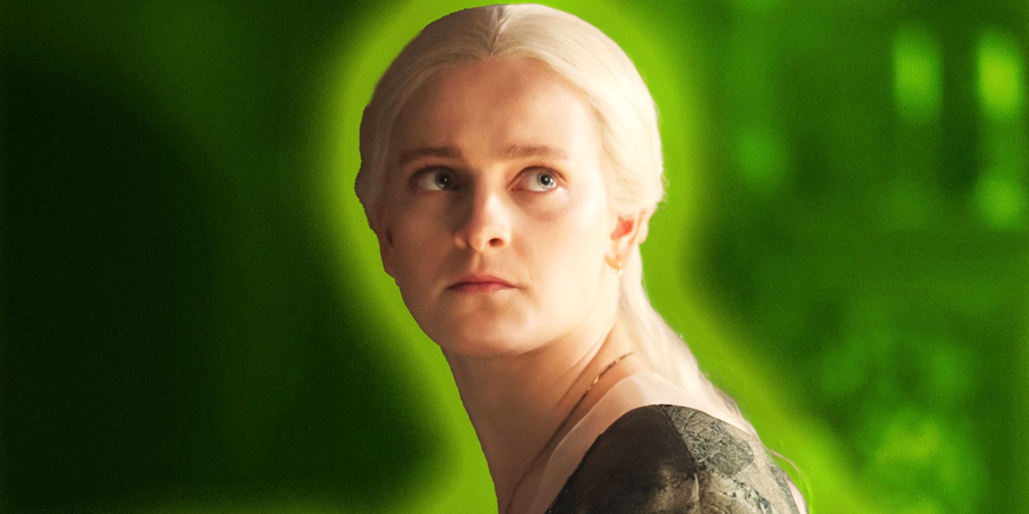 Phia Saban as Helaena Targaryen in House of the Dragon season 2 with a green background
