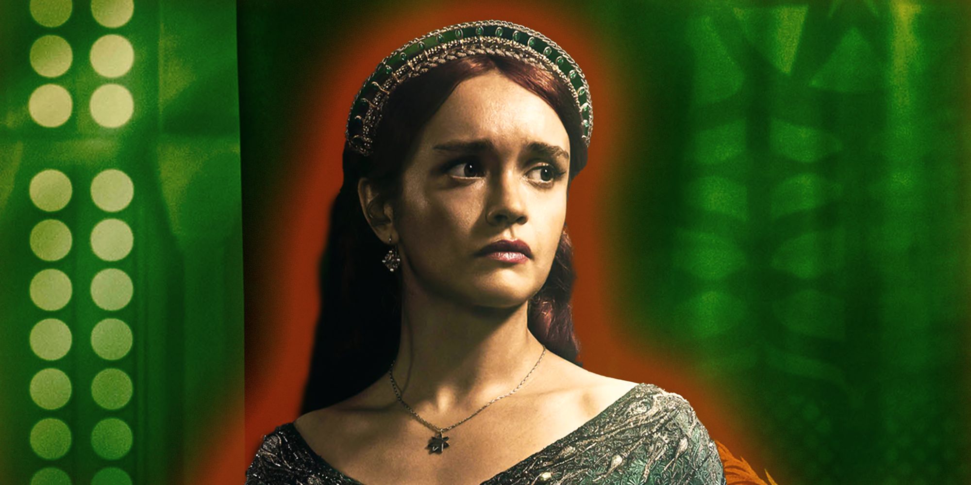 Olivia Cooke as Queen Alicent Hightower sadly looking to the right in House of the Dragon