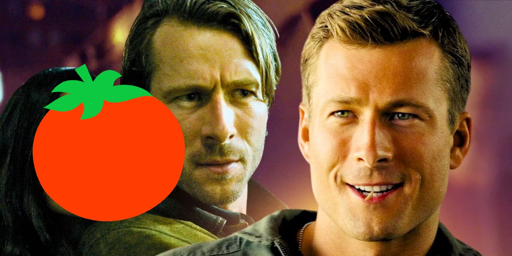 Glen Powell in Hit Man and Top: Maverick next to a fresh ripe tomato