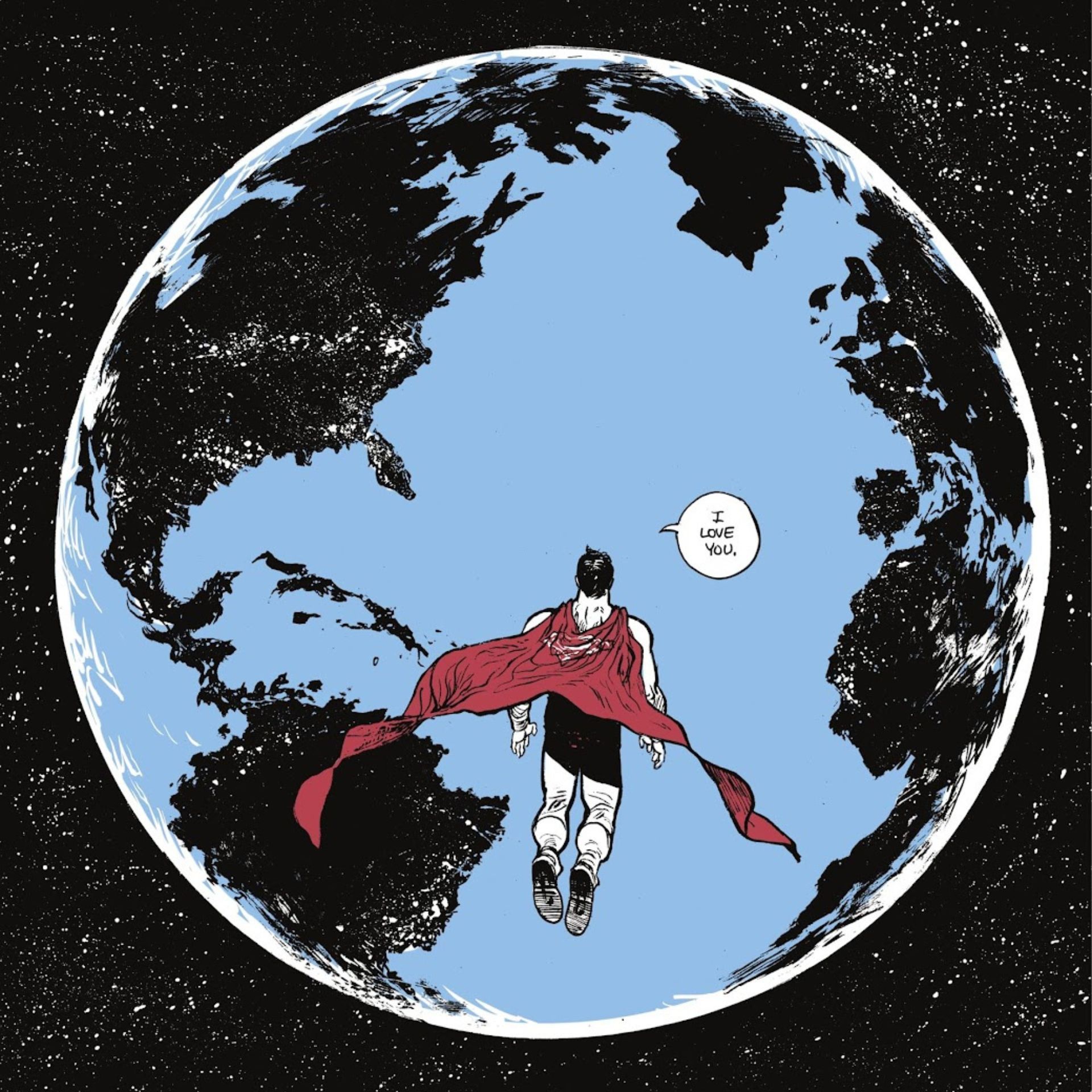 Painel de história em quadrinhos: Superman flutuando em frente à Terra.