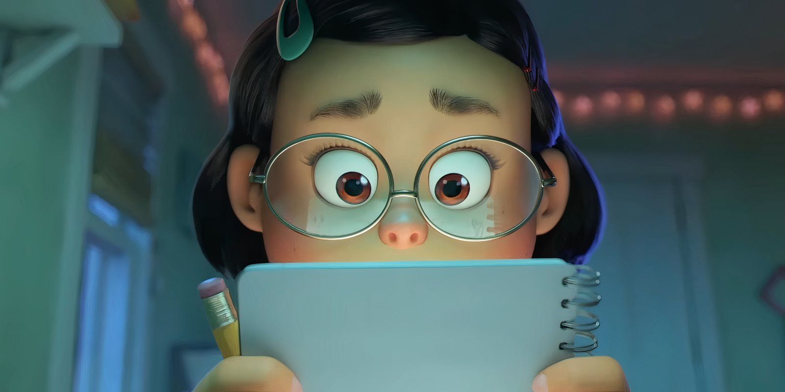 Mei Looks Worried Holding a Notepad in Turning Red
