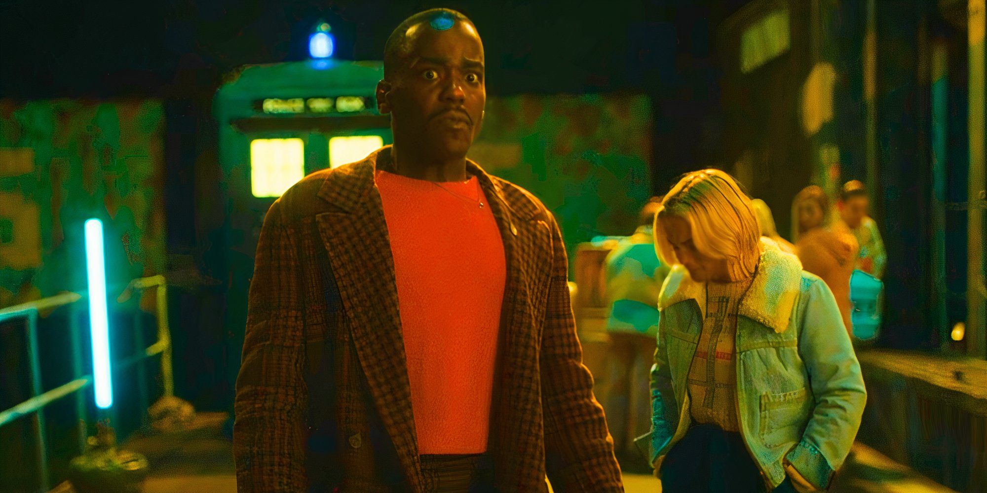 Ncuti Gatwa looking furious as the Fifteenth Doctor in Doctor Who as Millie Gibson's Ruby Sunday hangs her head in the background