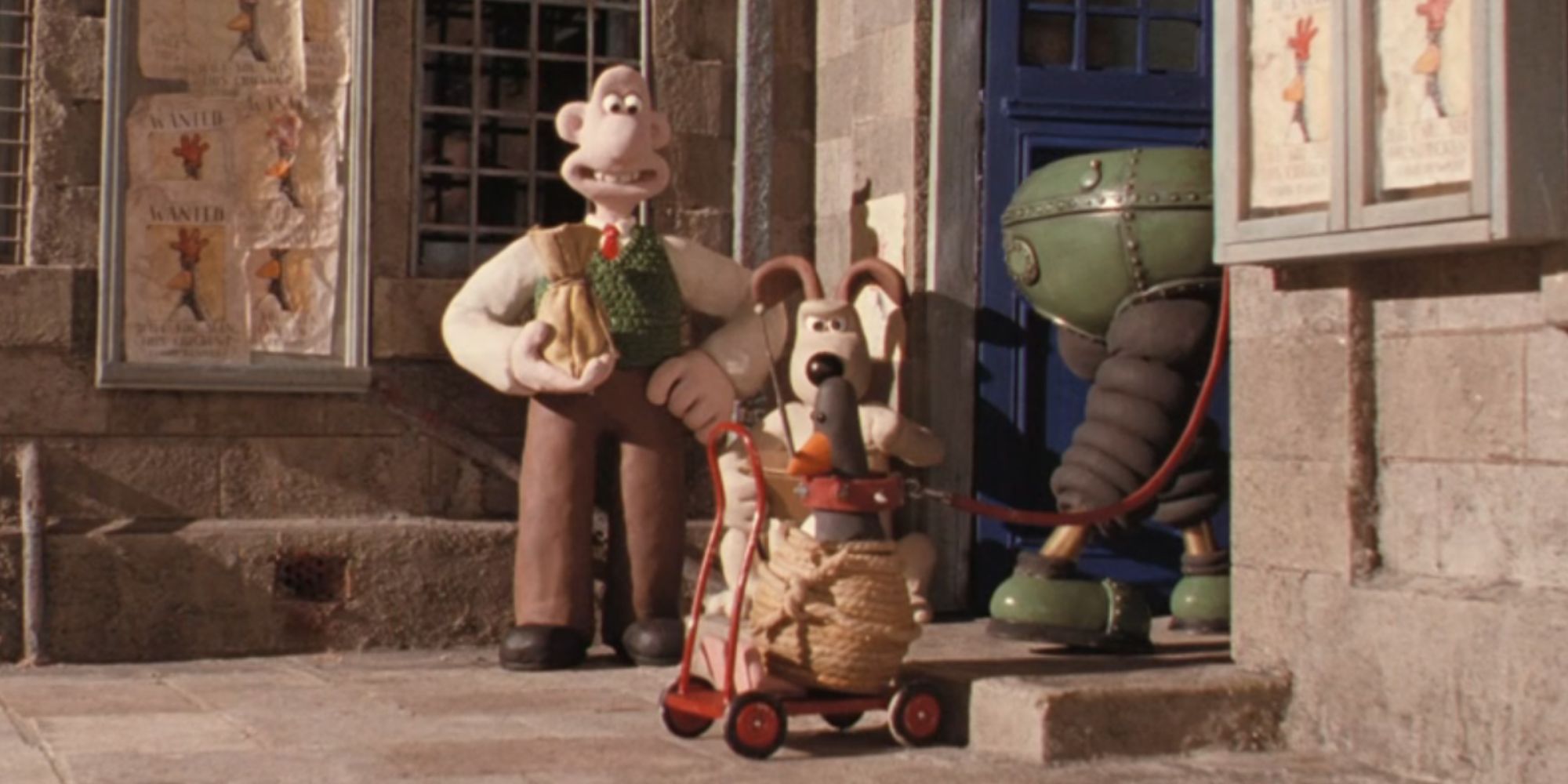 Wallace e Gromit assistindo Feathers McGraw sendo puxado para a delegacia em As Calças Erradas