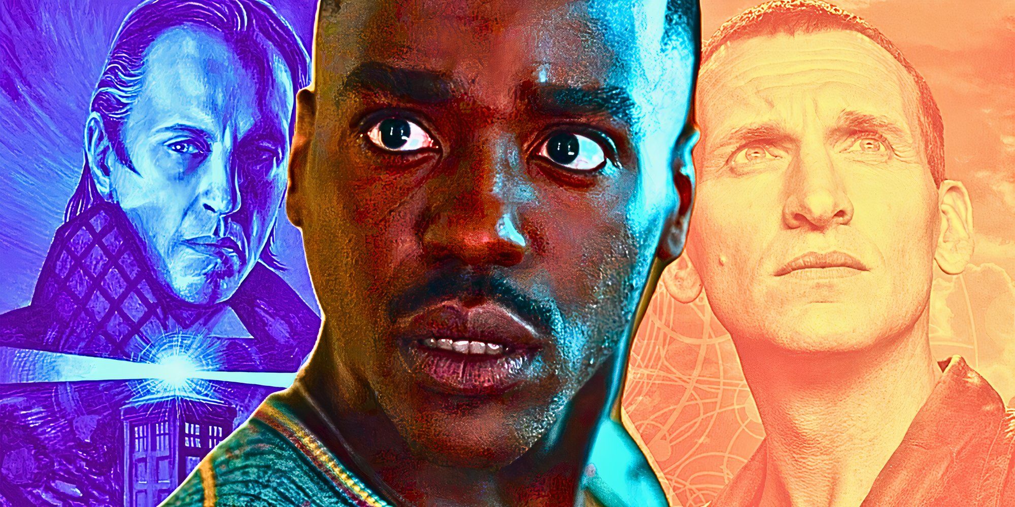 A custom image of Ncuti Gatwa&rsquo;s Fifteenth Doctor in Doctor Who against a backdrop of Christopher Eccleston&rsquo;s Ninth Doctor and Richard E Grant&rsquo;s Shalka Doctor