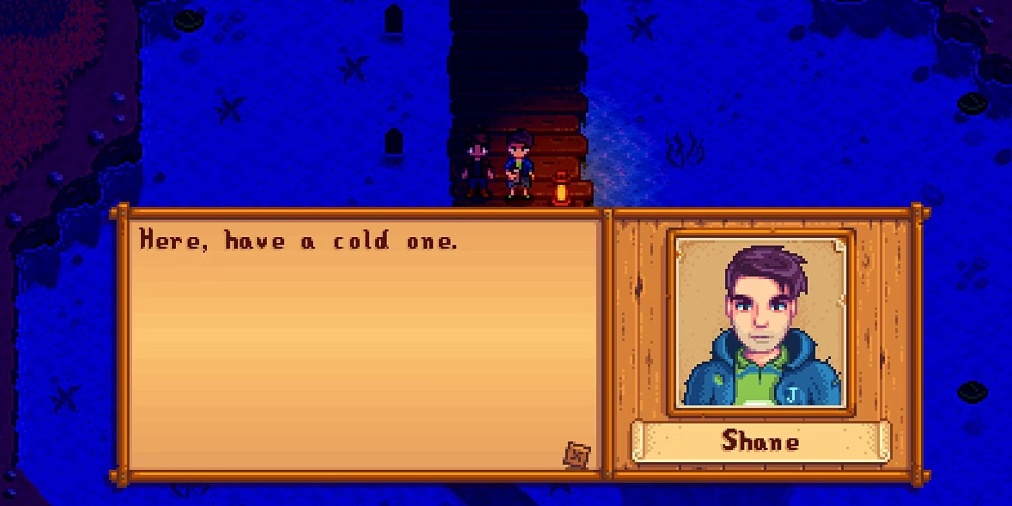 Shane oferecendo uma cerveja ao jogador em Stardew Valley