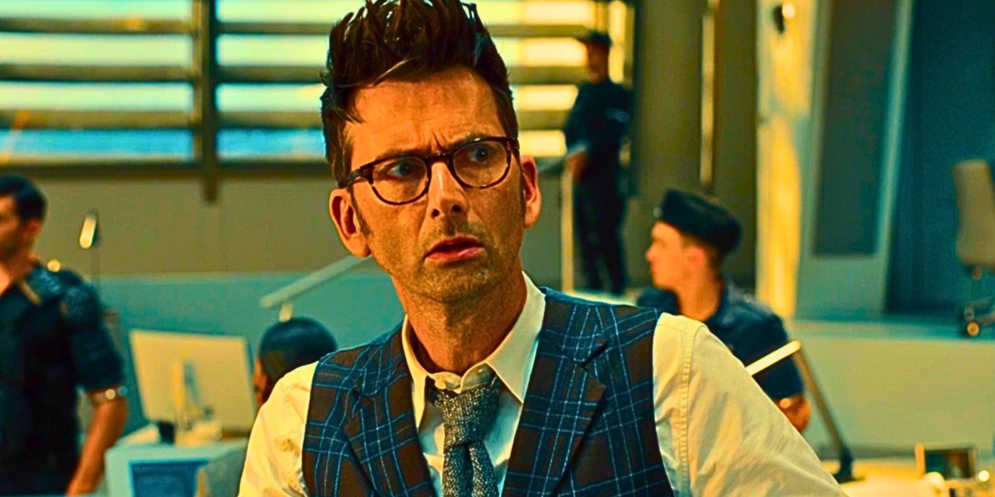 David Tennant looking shocked as the Fourteenth Doctor in Doctor Who