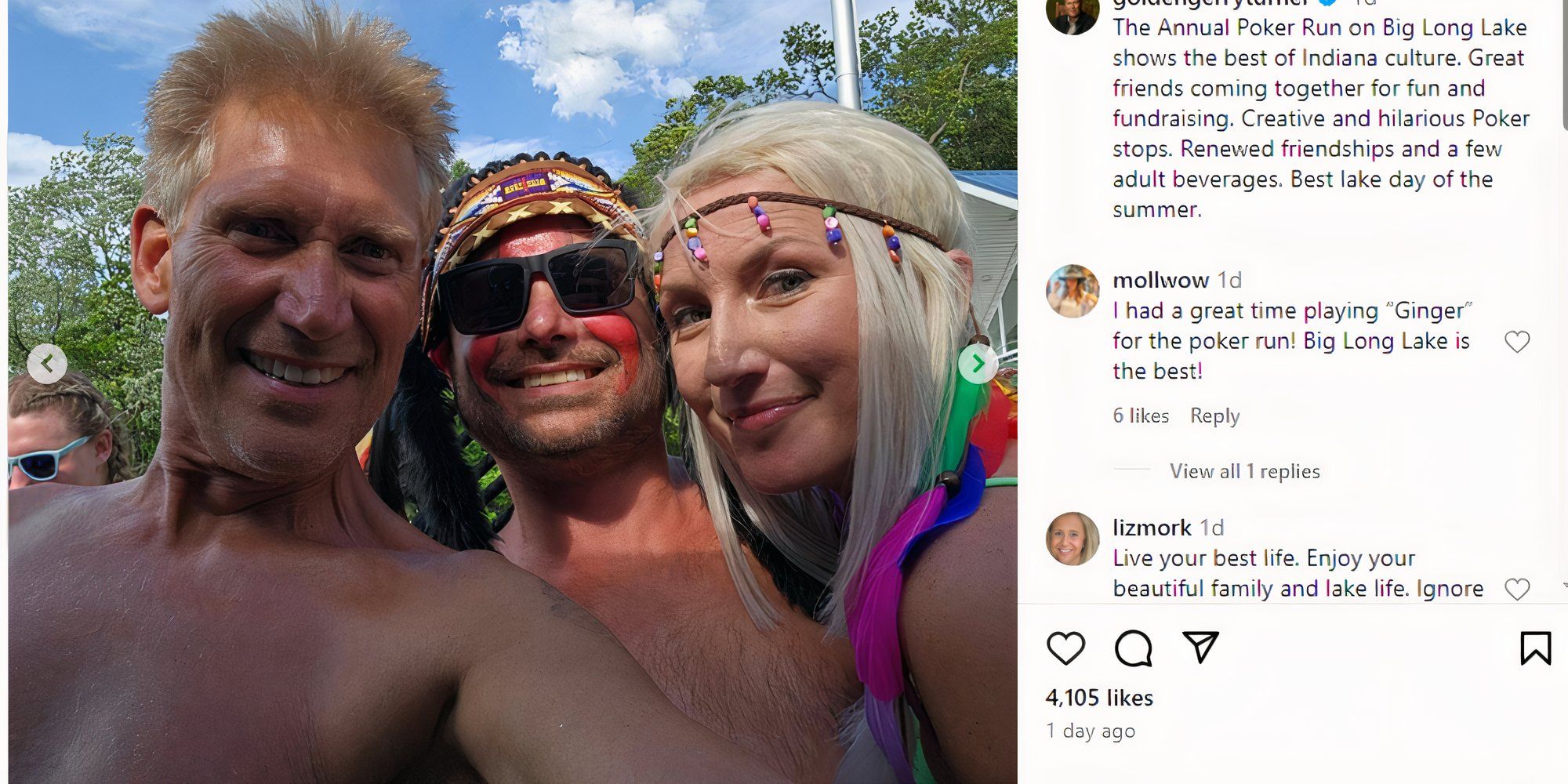 The Golden Bachelor Gerry Turner shirtless and at the lake, posing with 2 unnamed friends wearing headdresses