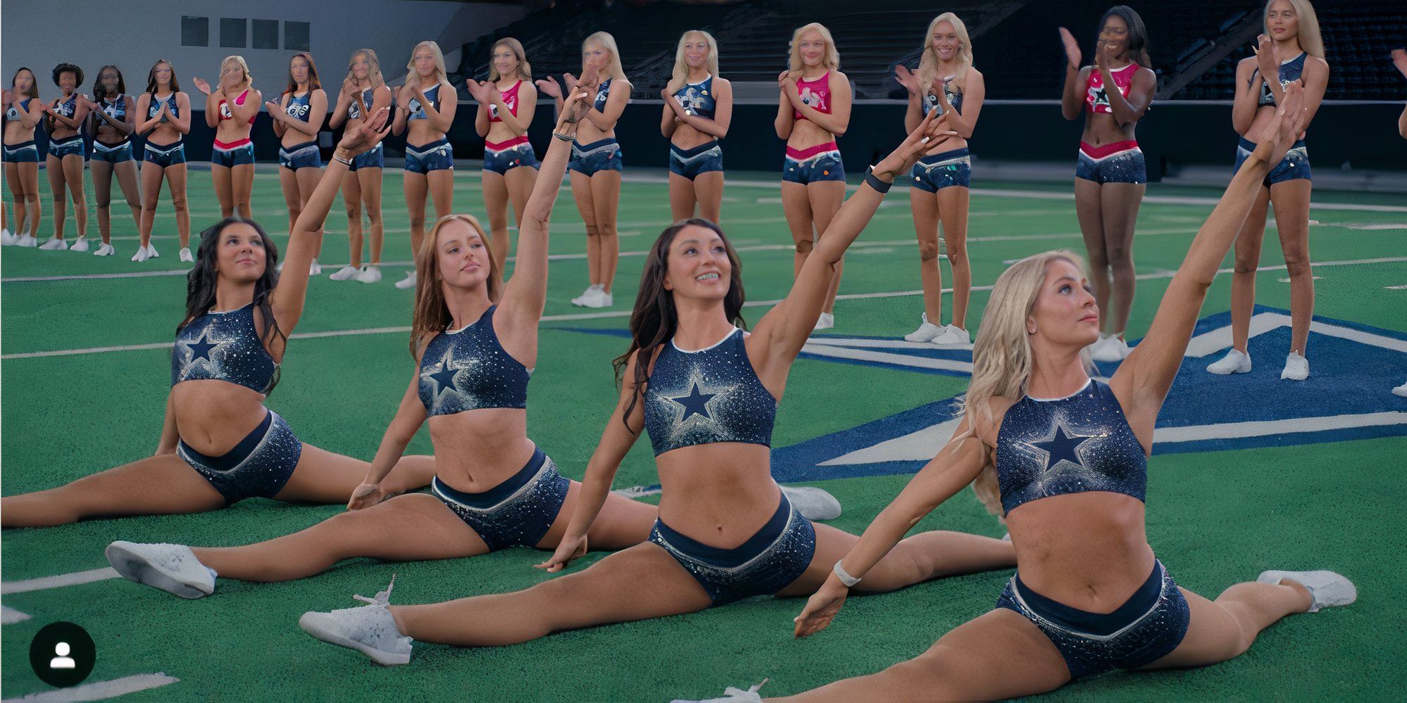 Queridinhas da América: Líderes de torcida do Dallas Cowboys fazendo espacate no campo enquanto outras líderes de torcida aplaudem atrás delas