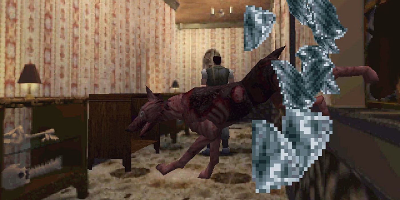 Um cachorro zumbi explode pela janela em Resident Evil 1