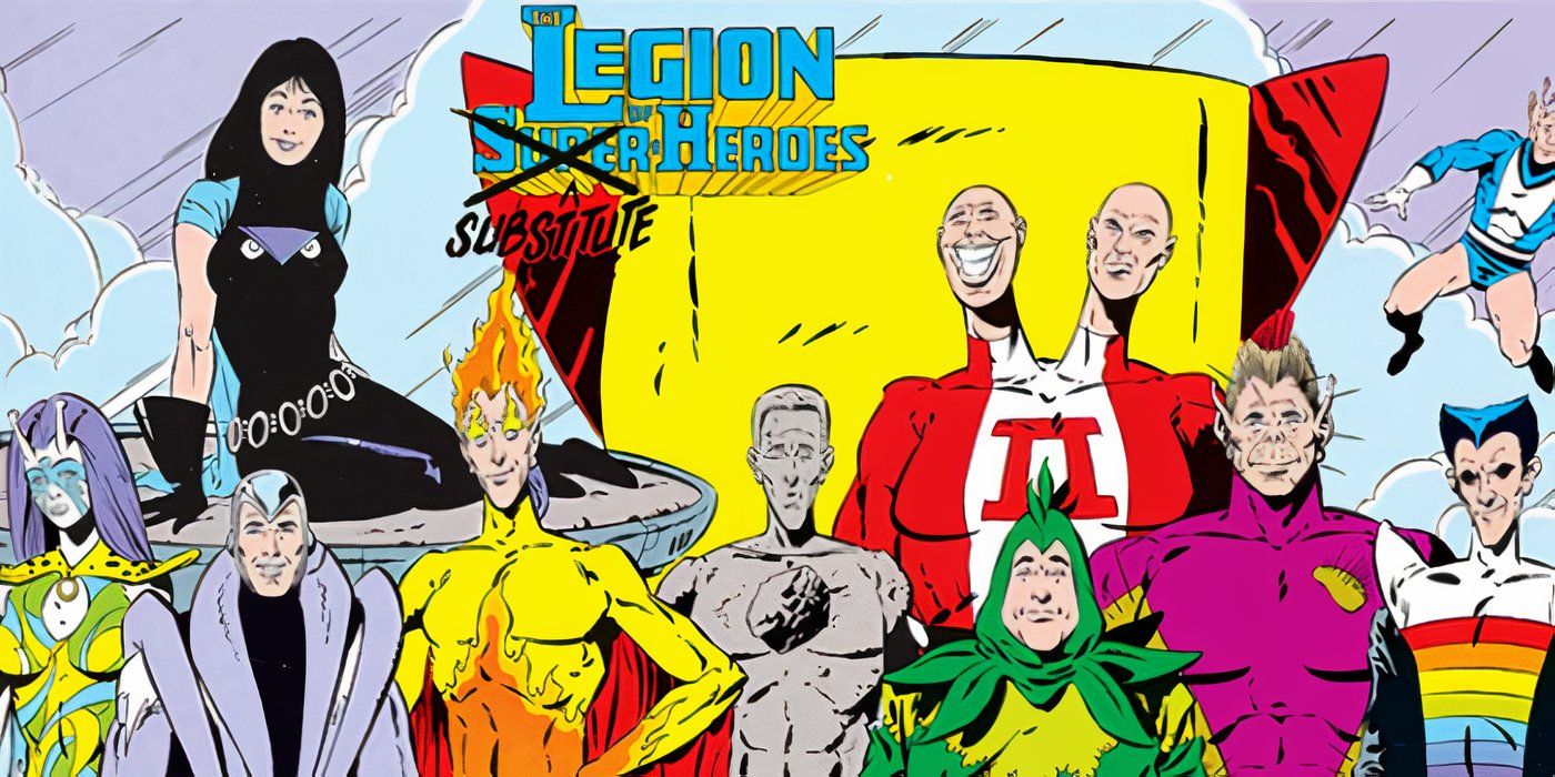 Comic book panel: The Legion of Substitute Heroes group shot.