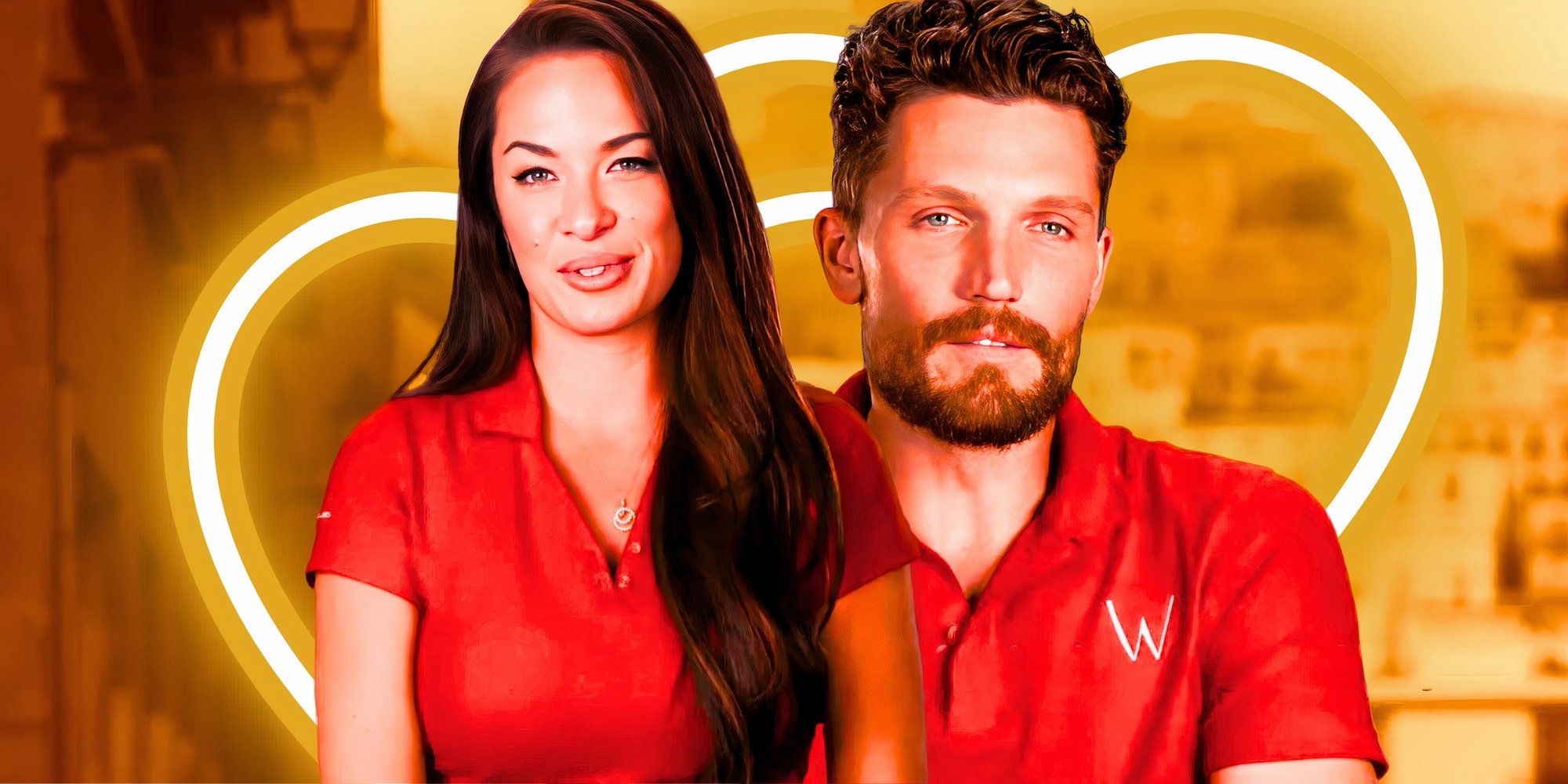 Rob and Jess from  Below Deck Med season 5 with yellow and heart background