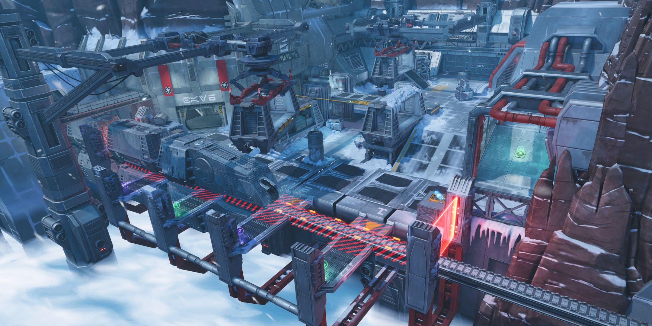 Mapa Vandor Railyard em Star Wars Hunters mostrando um trem cruzando uma plataforma industrial.