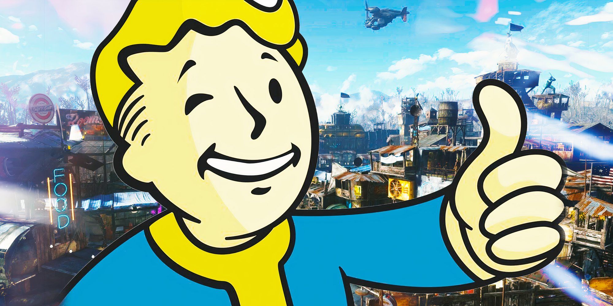 Vault boy from Fallout 4 with a settlement in the background