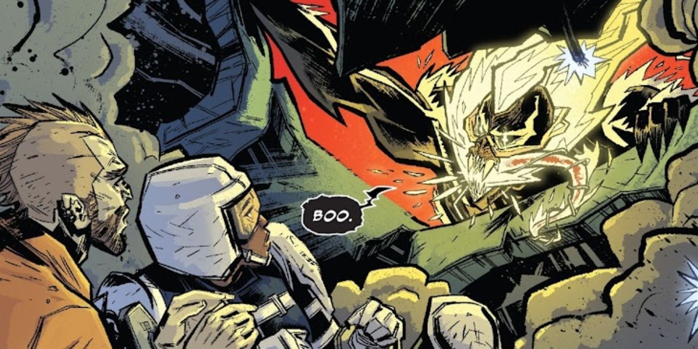 Híbrido Venom/Ghost Rider encurralando suas vítimas.