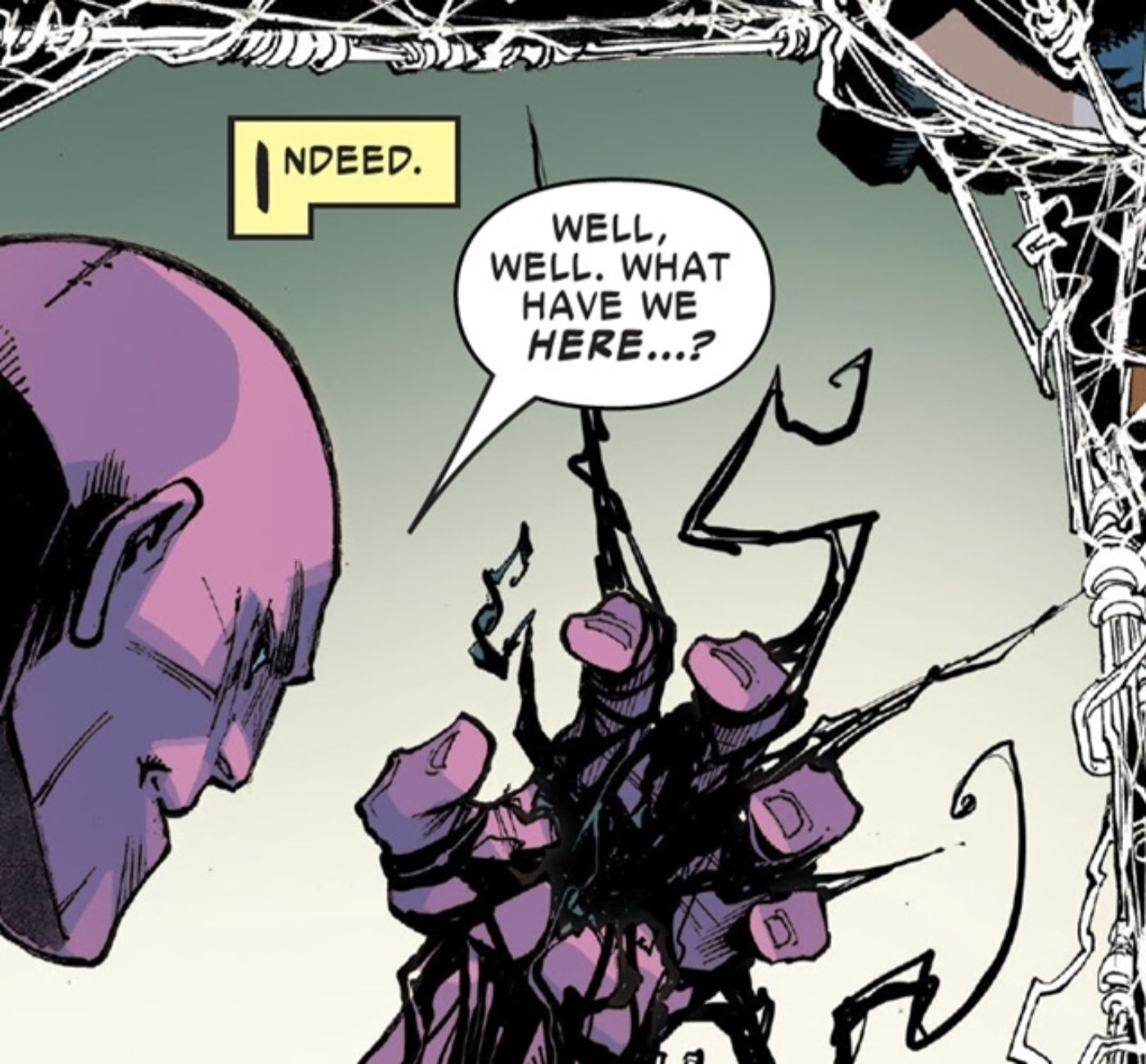 Killgrave stealing a piece of the Venom symbiote, holding it in his purple hand.